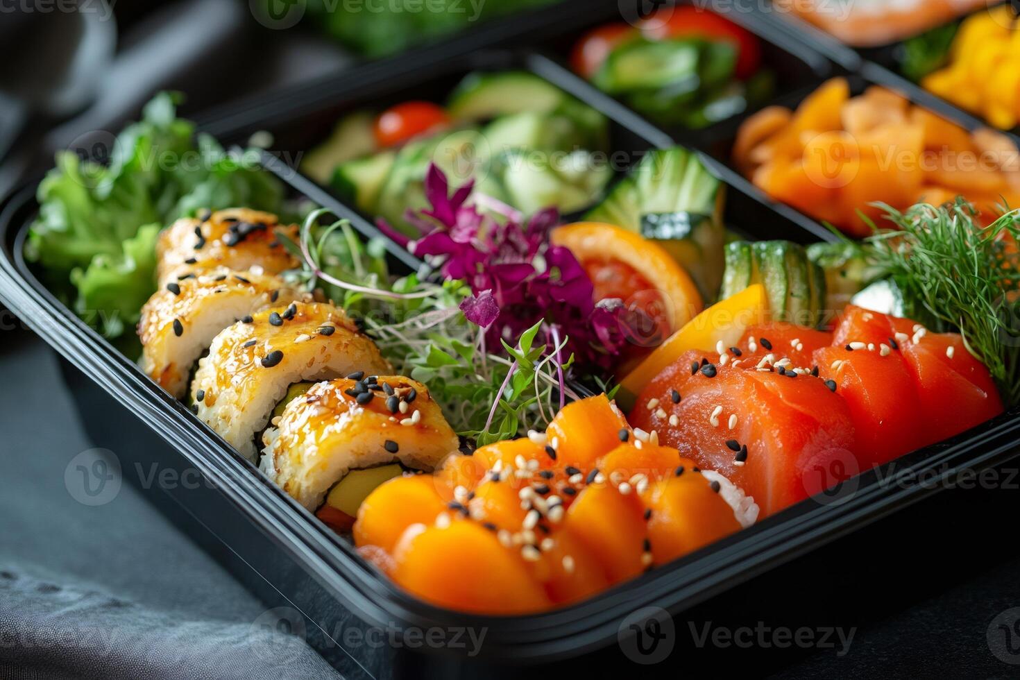 Delicious sushi and sashimi bento box with vegetables and sesame seeds photo