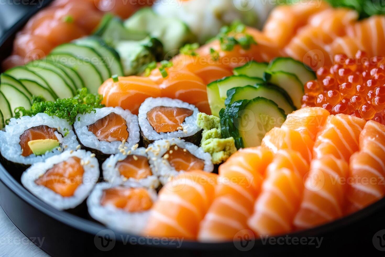 Delicious sushi and sashimi platter featuring fresh salmon, cucumber, and roe photo