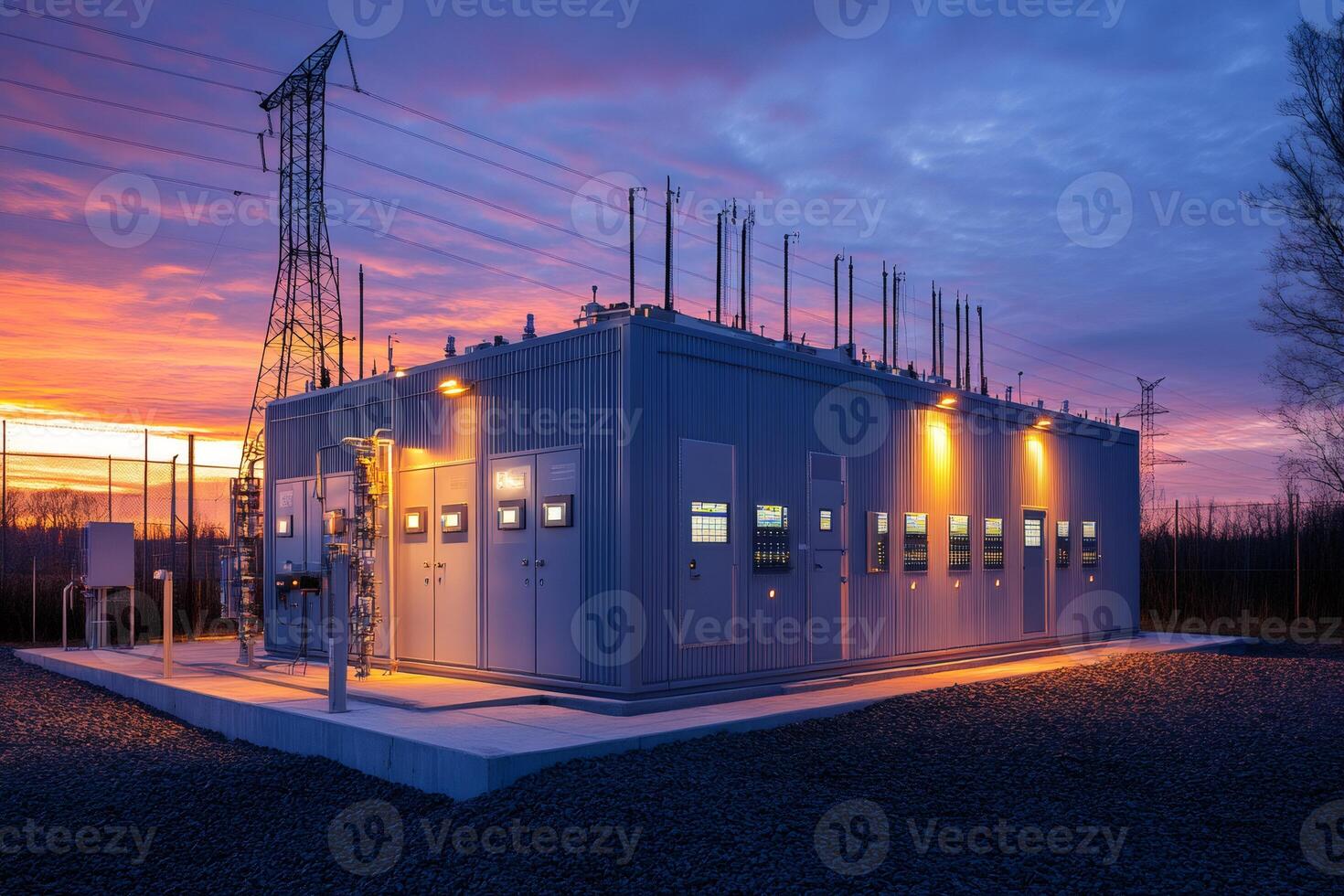 Electrical substation providing power during sunset with colorful sky photo