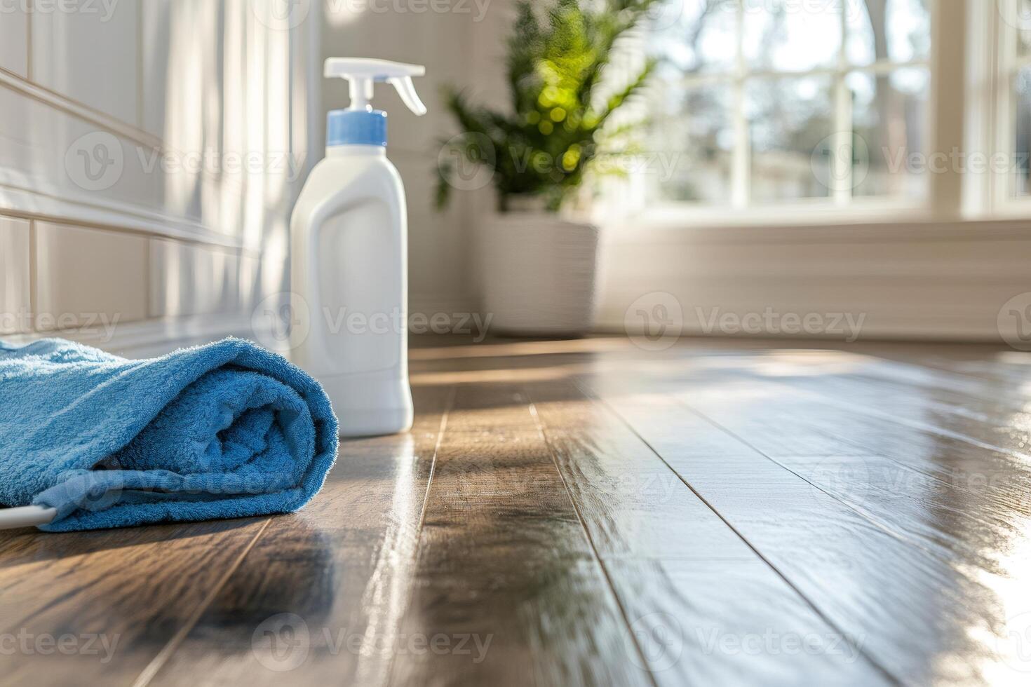 Cleaning products and towel resting on gleaming hardwood floor photo