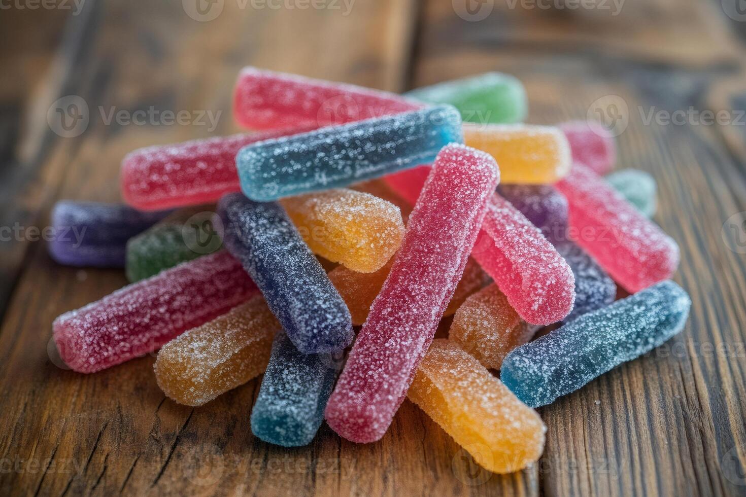 Colorful sugar-coated gummy candy sticks piled on rustic wooden table photo
