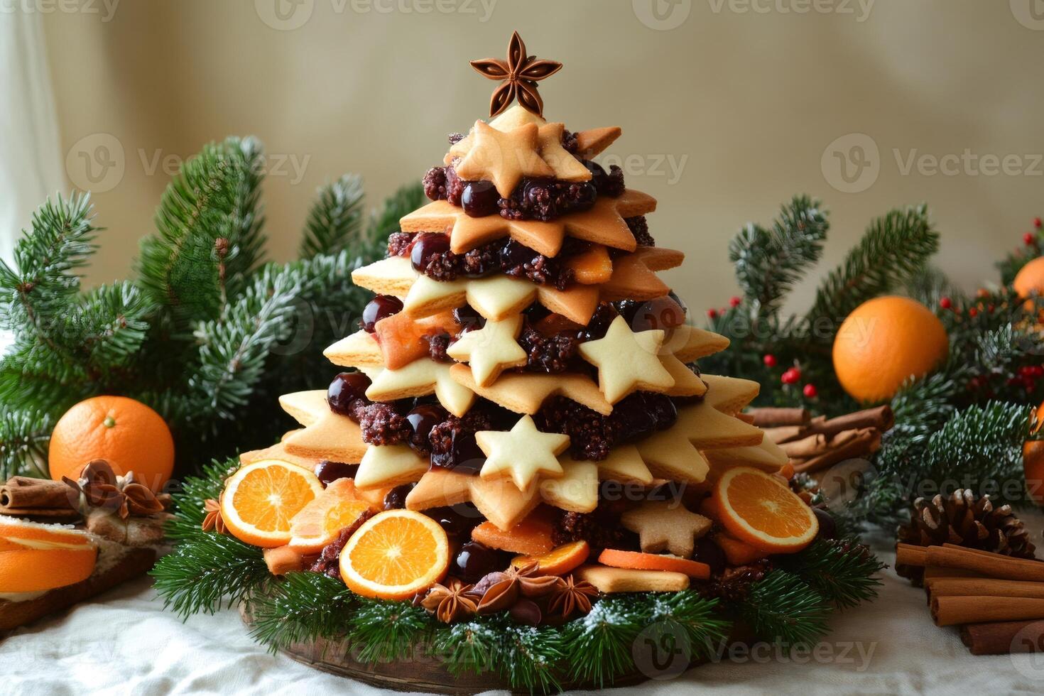 Christmas tree made of star shaped cookies, dried orange slices and cherries decorated with cinnamon sticks and pine branches photo