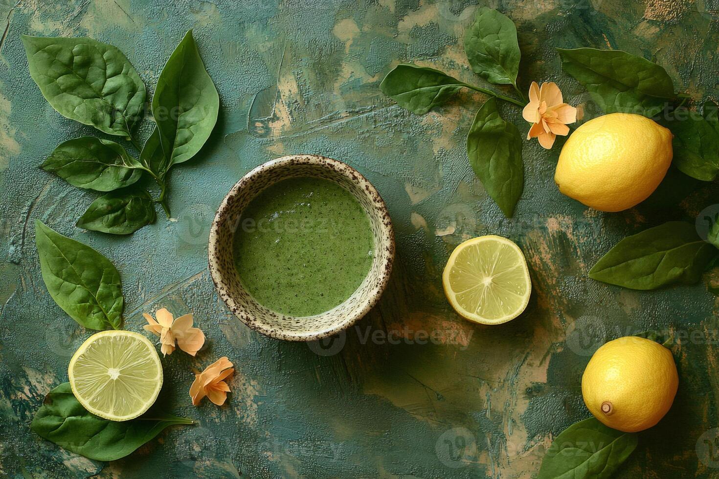 Green smoothie bowl with spinach, lemon and flowers on rustic background photo