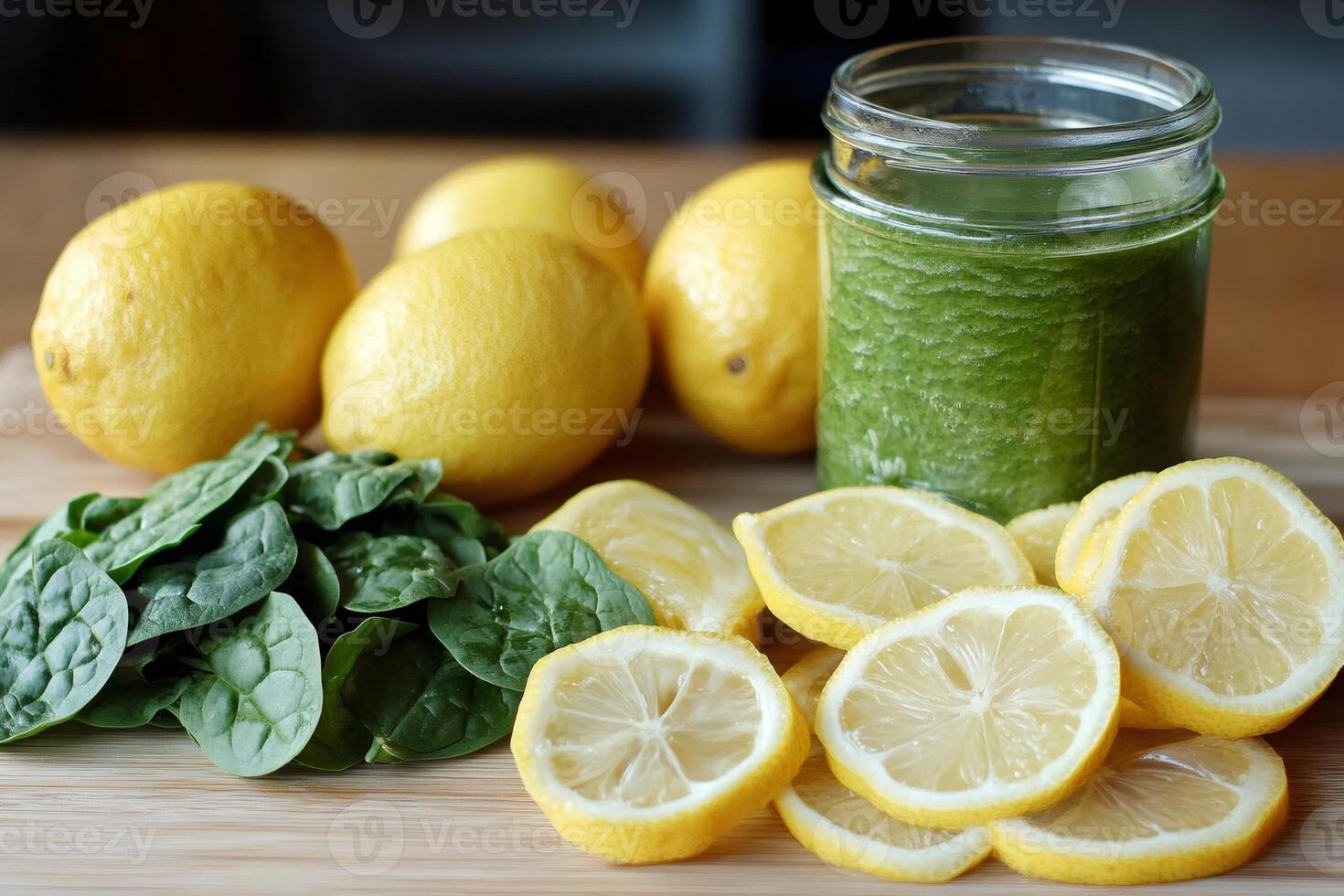 Preparing healthy green smoothie with spinach and fresh lemons photo