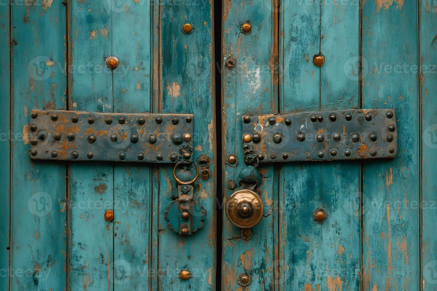 Old wooden door with metal hinges and brass handle showing weathering and teal paint photo