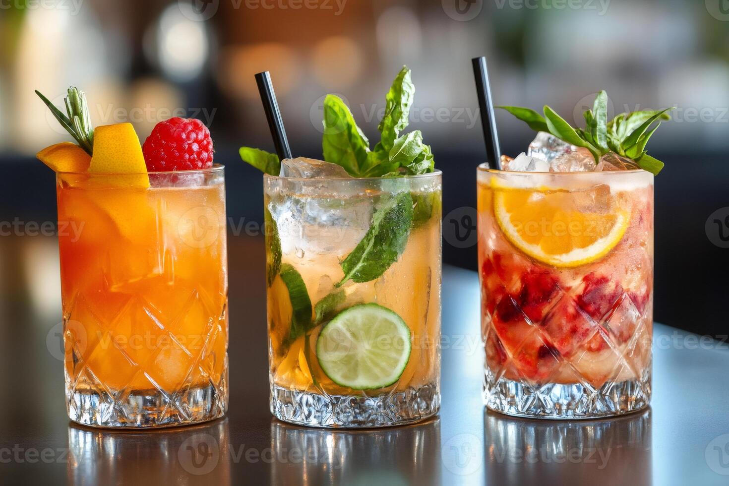 Three refreshing cocktails with fruit and herbs on bar counter photo