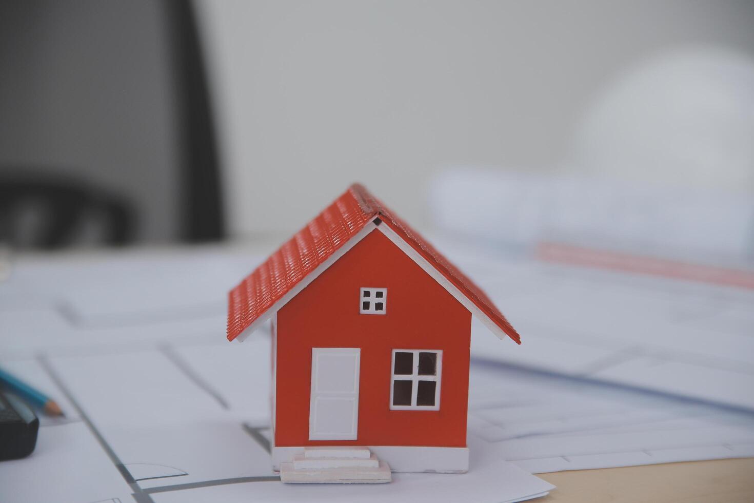 Architects, engineers, contractors working in the office with blueprints, inspection engineers Work analysis for architectural plan, construction project sketch, focus, business construction concept. photo