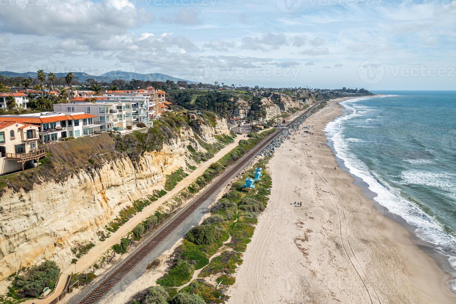 Coastal landscape of San Clemente, California showcasing beach, ocean, and seaside cliffs from a drone perspective photo