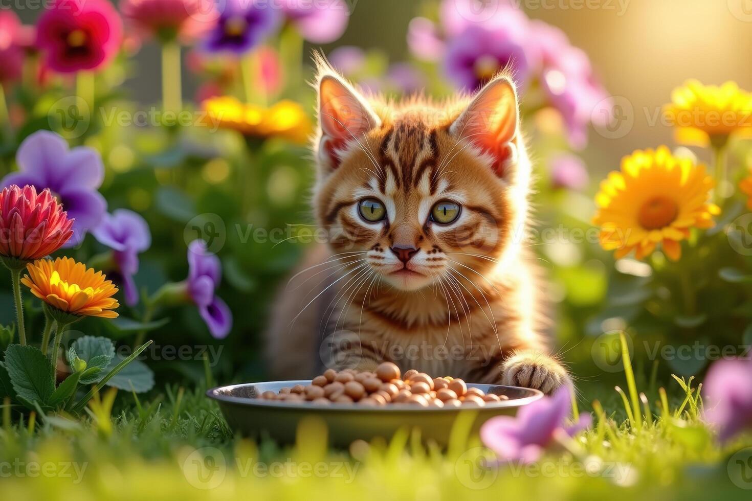 A kitten is sitting in the grass with flowers photo