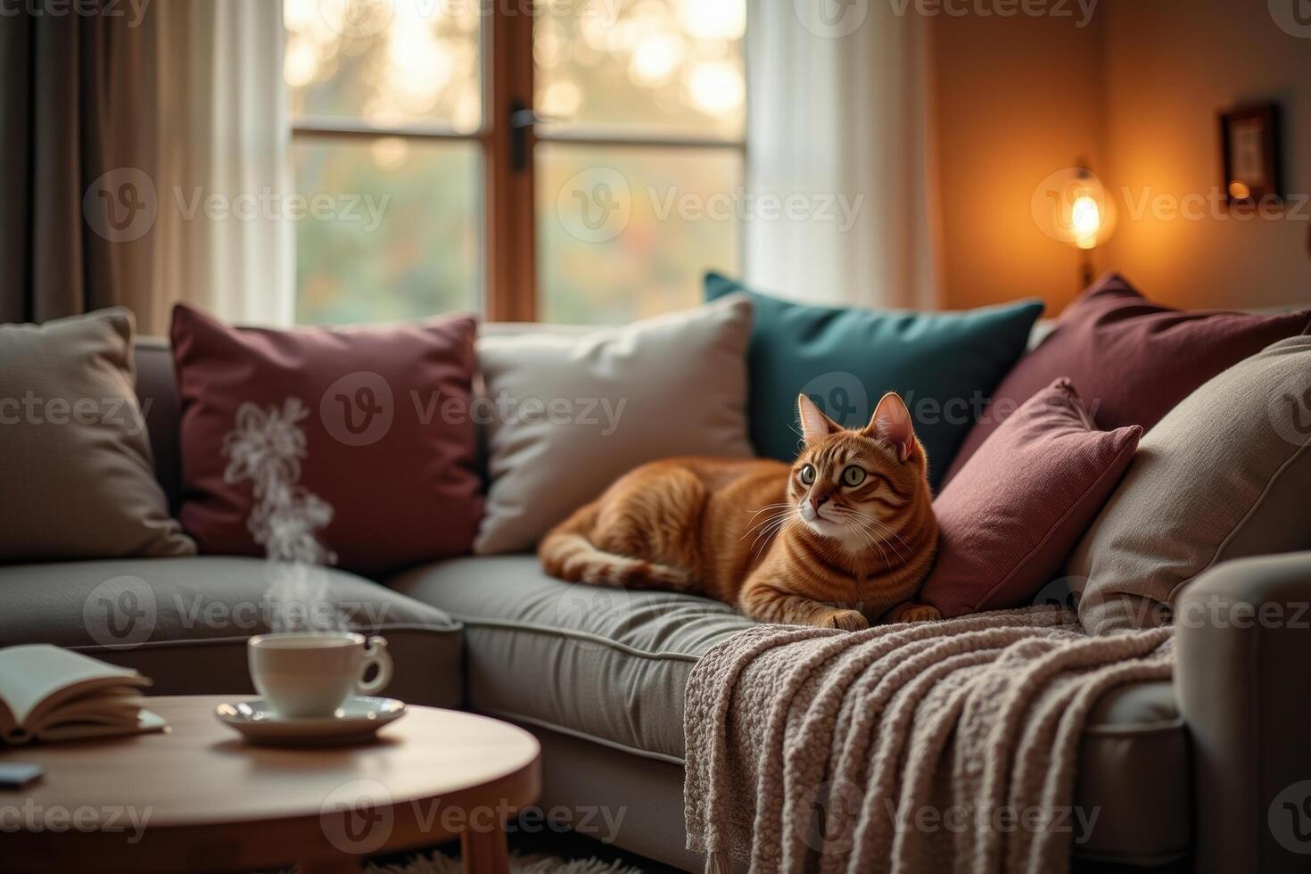 A cat is sitting on a couch in front of a window photo