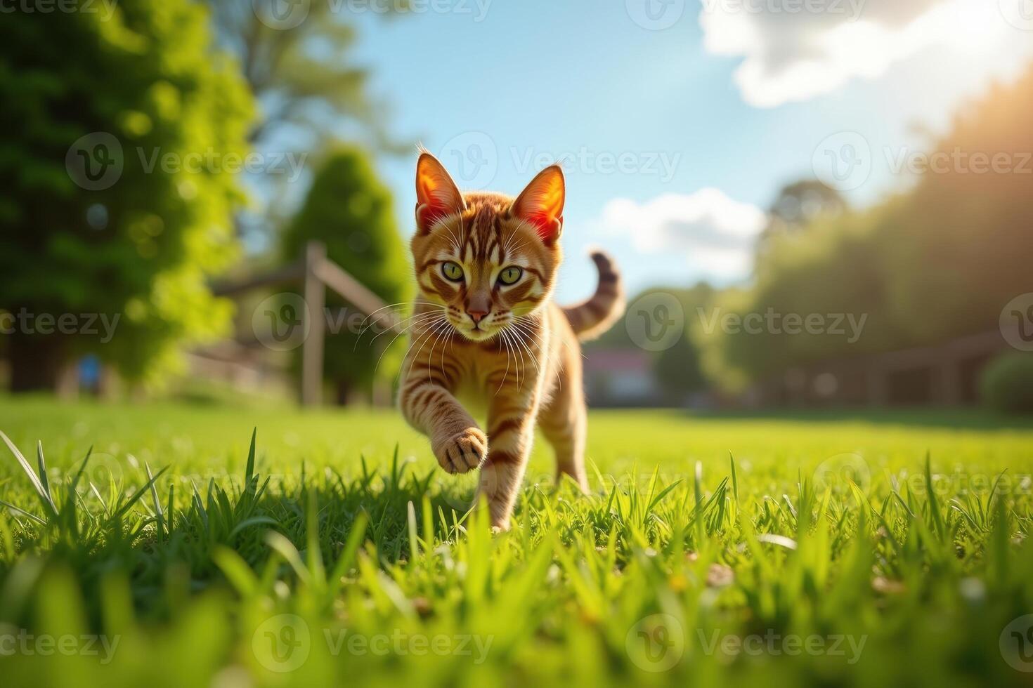 A cat walking across a green field photo