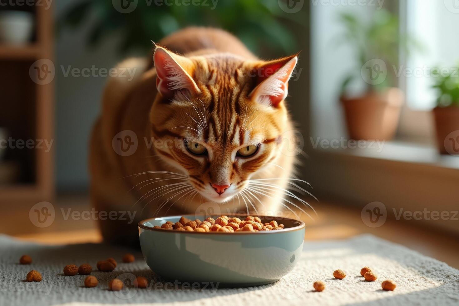 A cat is looking at a bowl of food photo