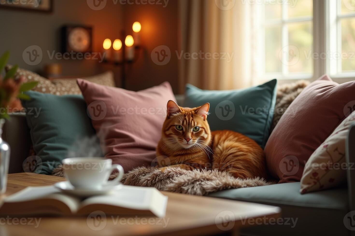 An orange tabby cat sits on a couch in front of a book photo