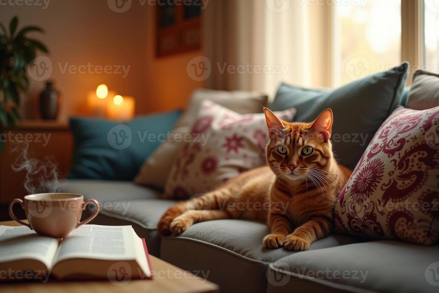 An orange tabby cat sits on a couch with a cup of coffee photo