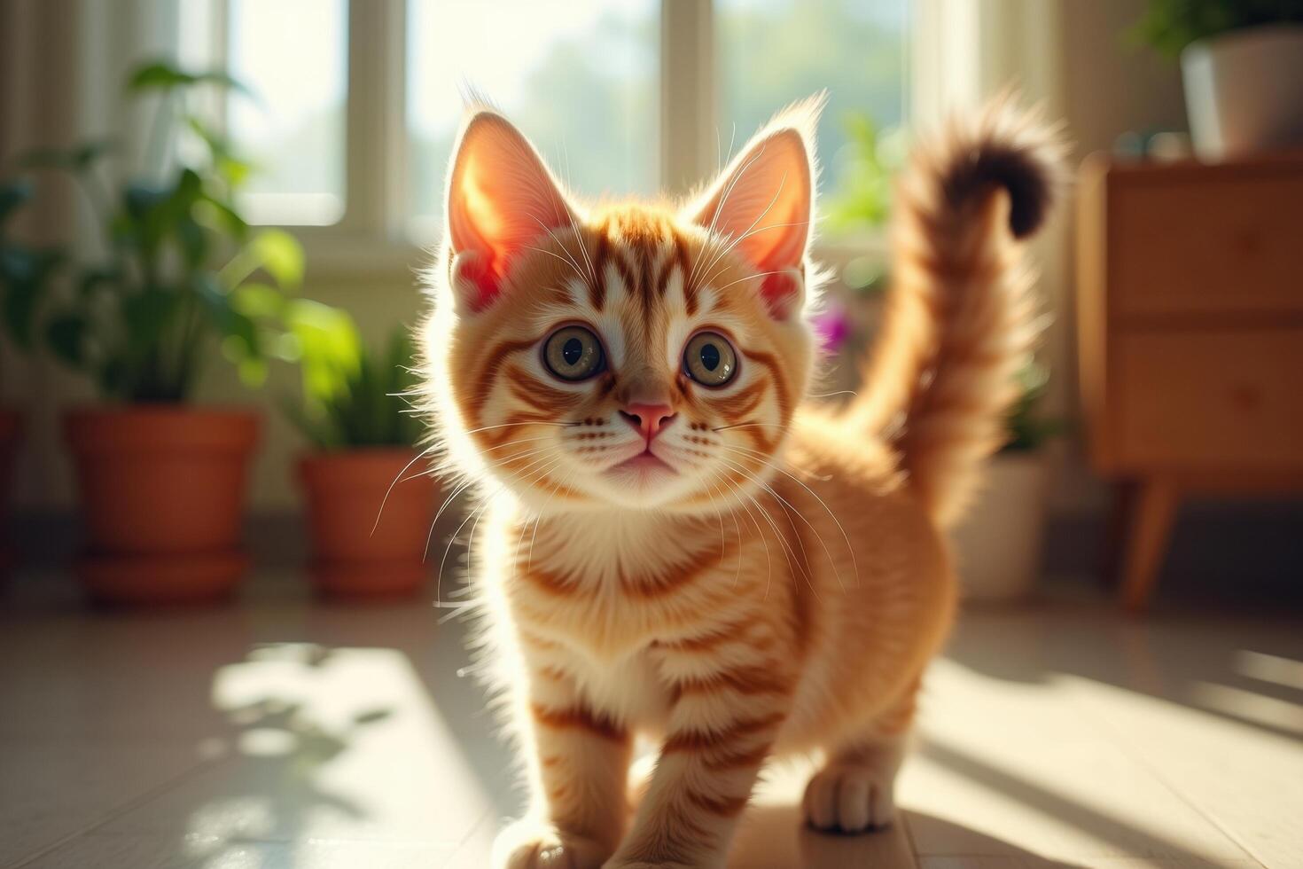 A small orange tabby cat is standing in front of a window photo