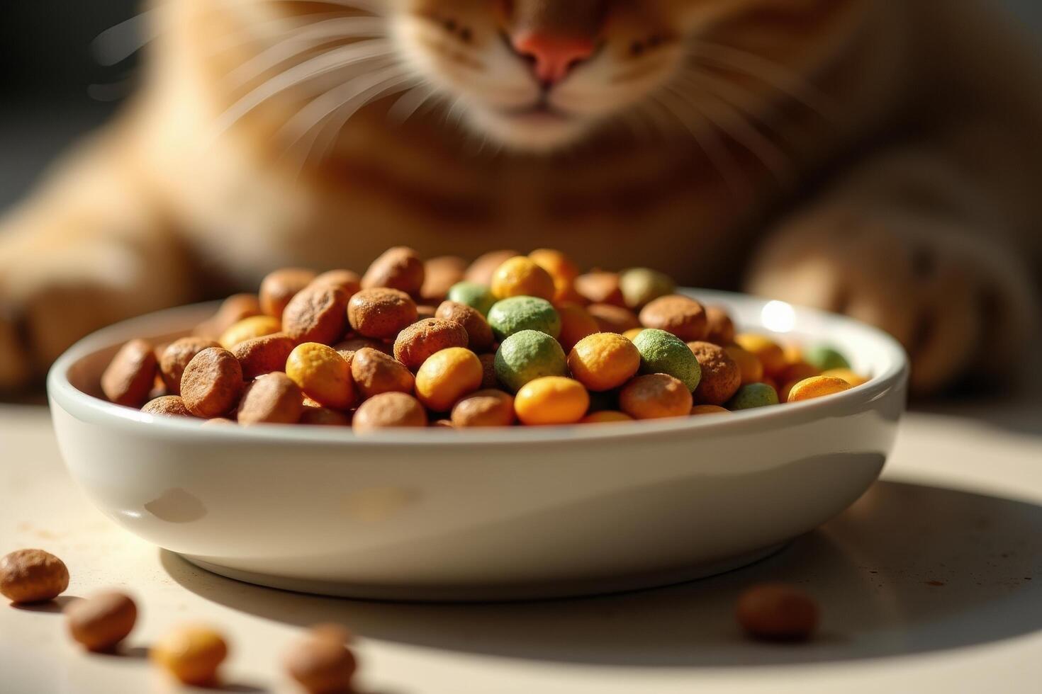 A cat is looking at a bowl of food photo
