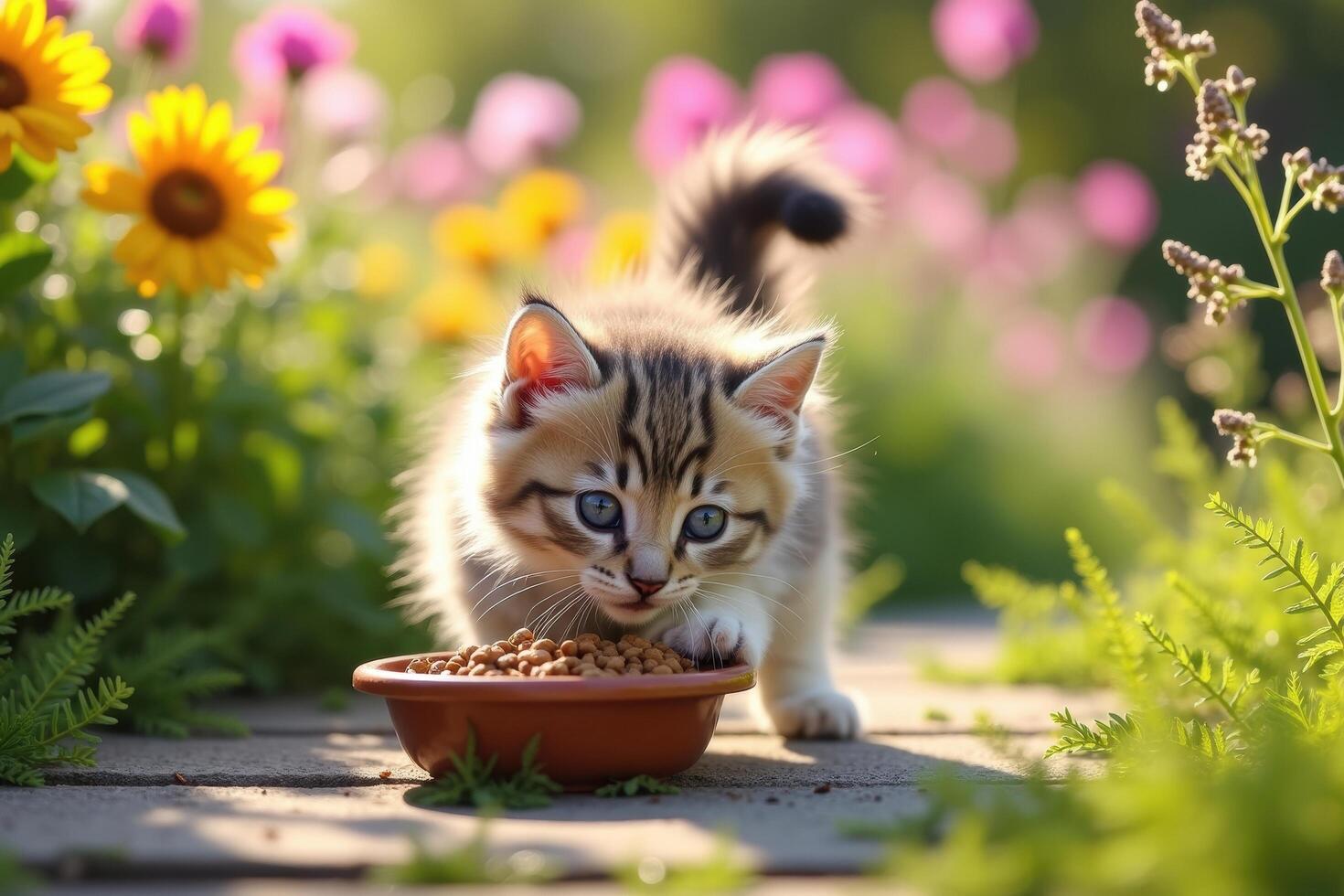 A kitten is eating food from a bowl in a garden photo