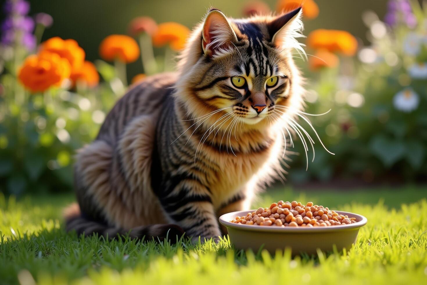 A cat sitting on the grass with food in front of it photo