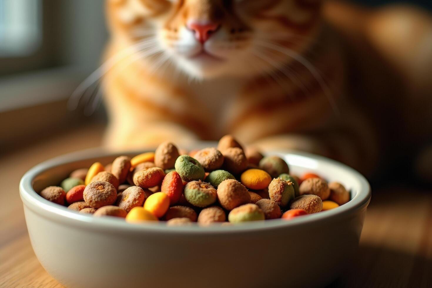 A cat is sitting in front of a bowl of food photo