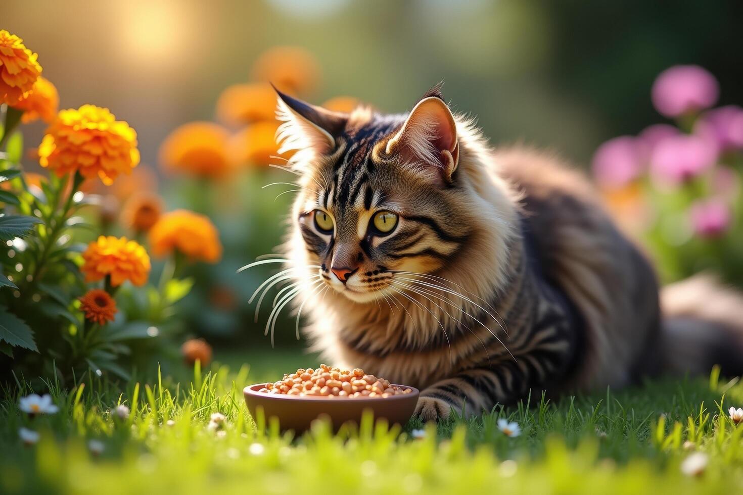 A cat is sitting on the grass eating food photo