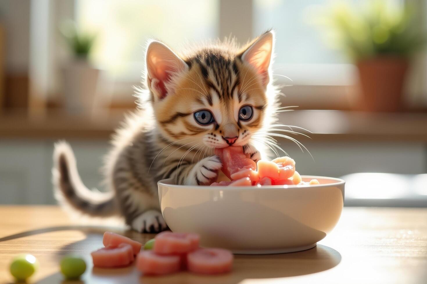 A kitten eating a bowl of watermelon photo