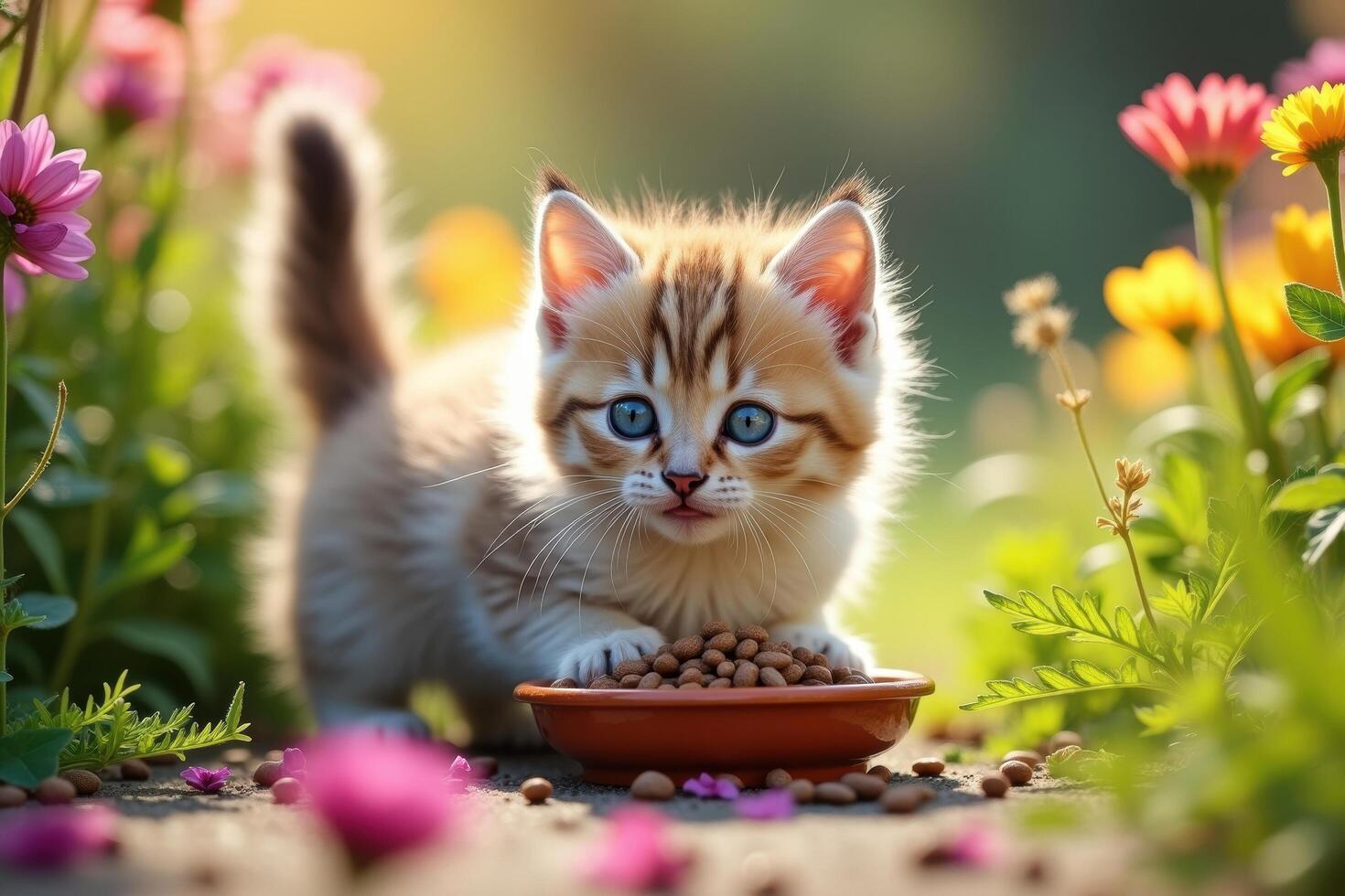 A kitten is eating food from a bowl in a garden photo