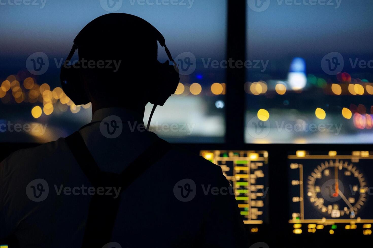 A man in a pilot's uniform is sitting in front of a control panel photo