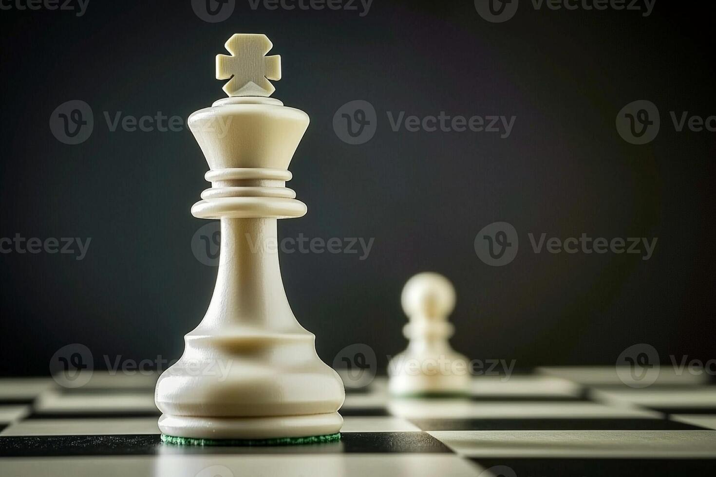 A white chess piece is sitting on a black and white chess board photo