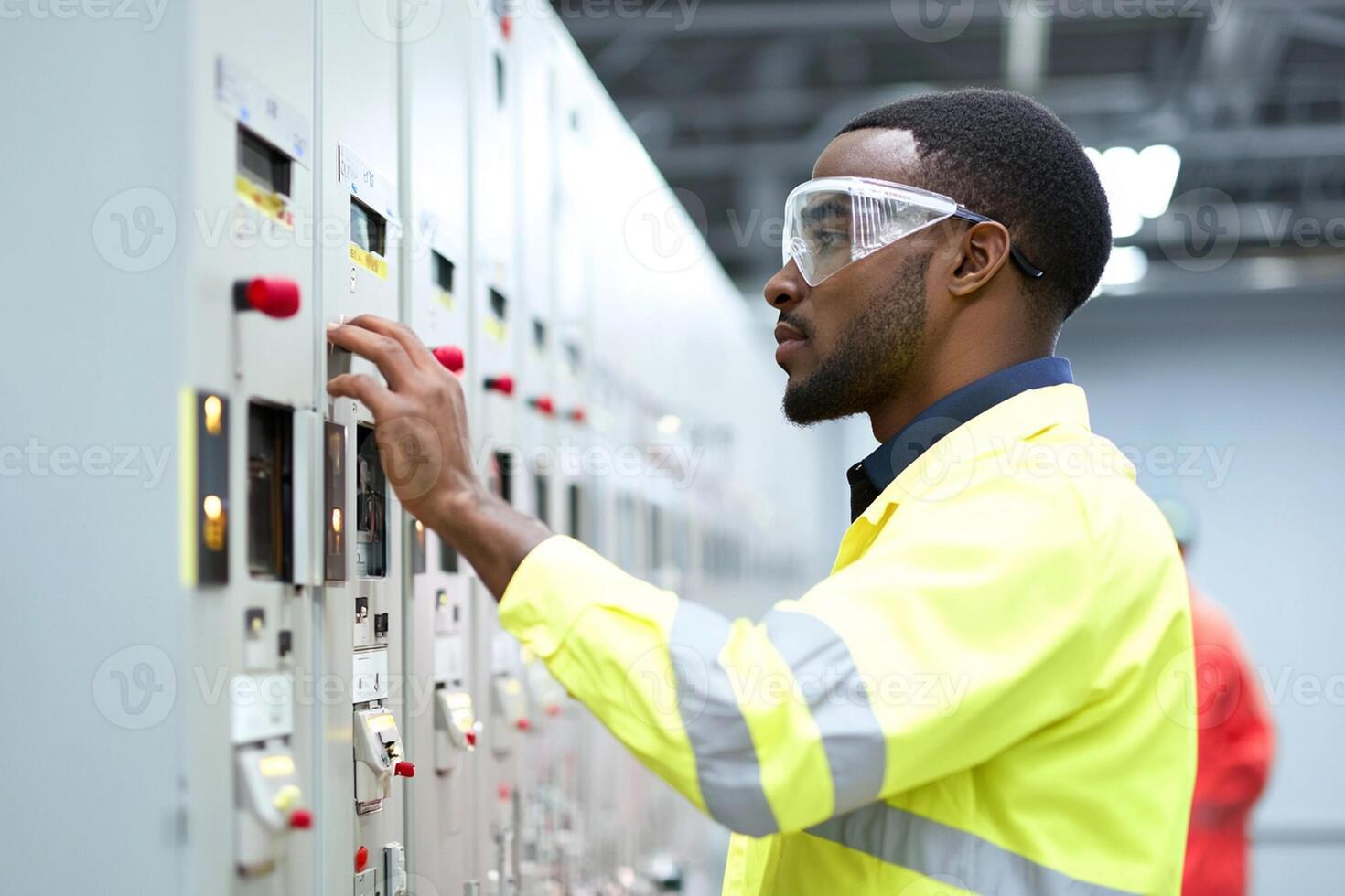 A man in safety glasses is working on a control panel photo