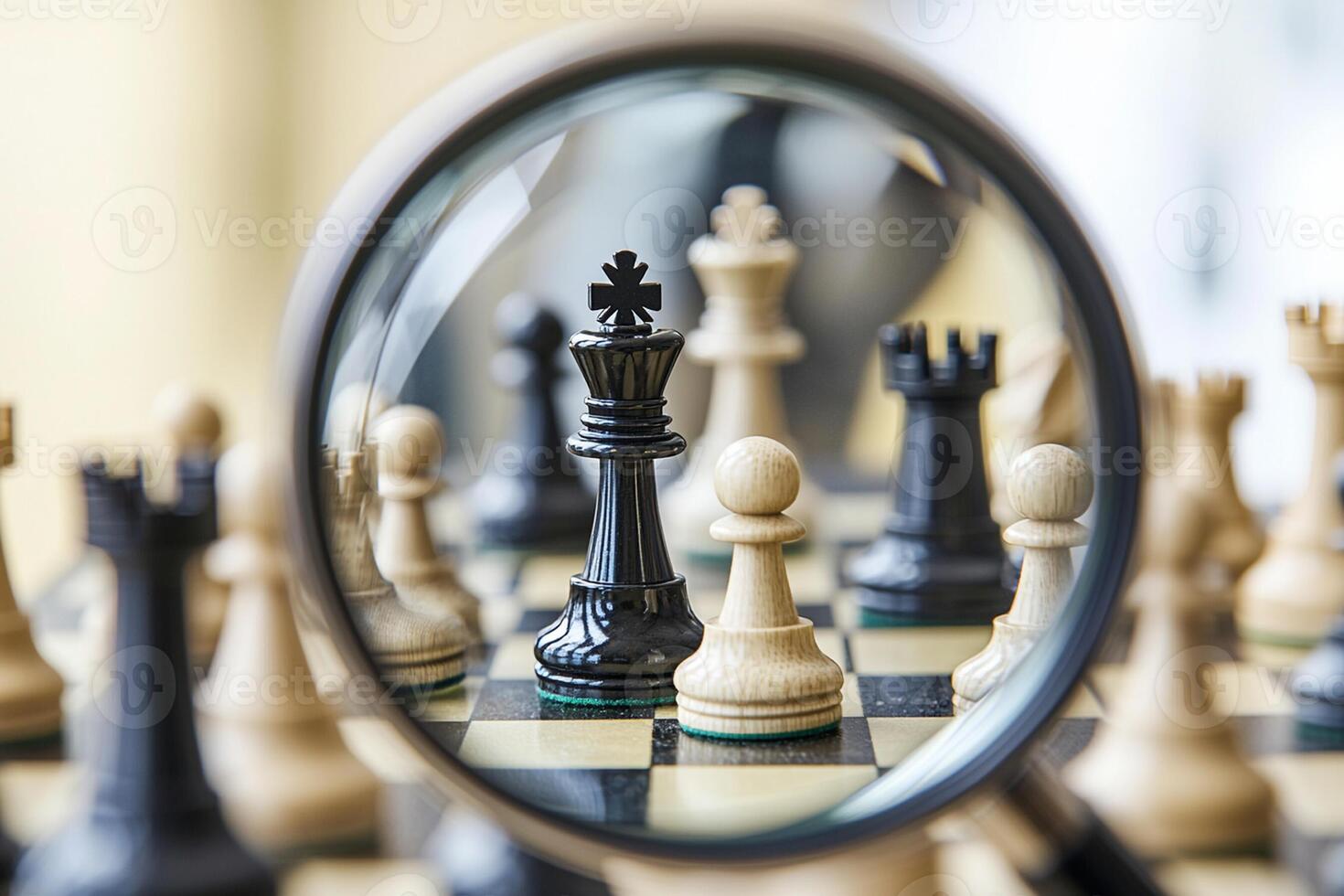 A magnifying glass is seen through a chess board photo