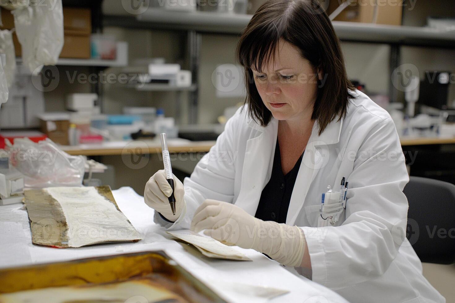 A woman in a lab coat is working on something photo