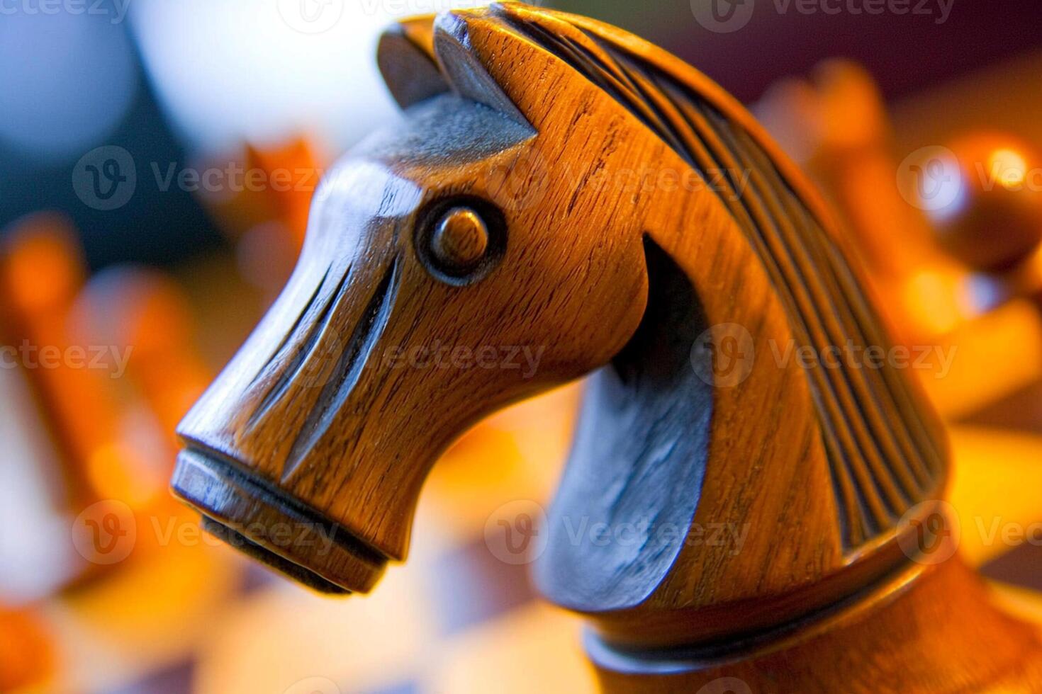 A close up of a wooden horse head on a chess board photo