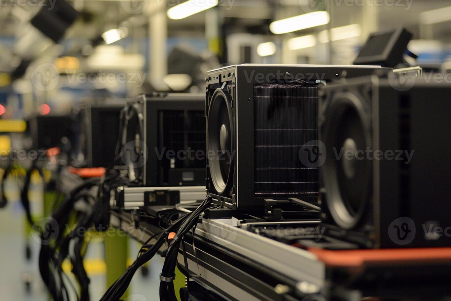 A row of black computer servers on a conveyor belt photo