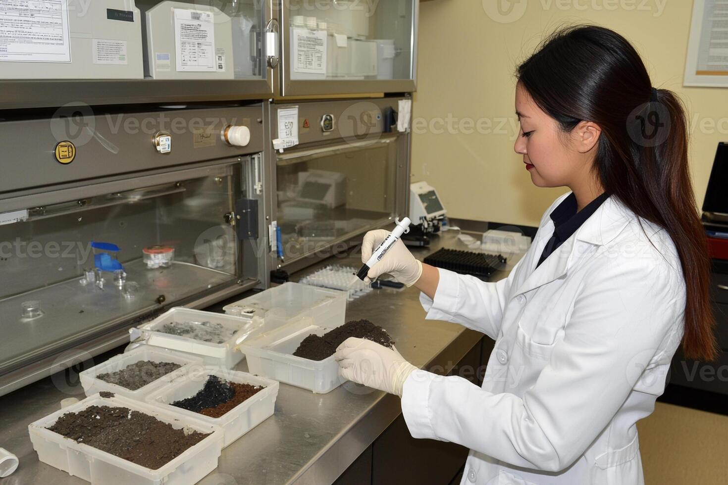 A woman in a lab coat is working on something photo