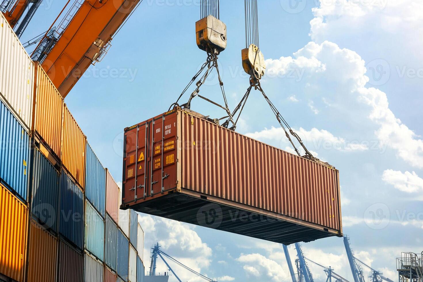 A crane lifting a container onto a ship photo