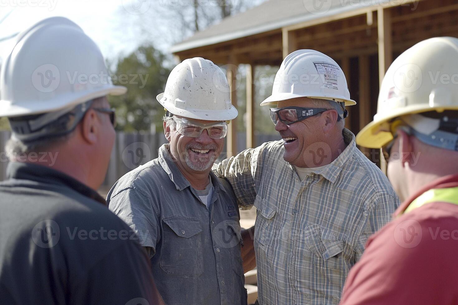 Three men in hard hats and glasses laughing together photo