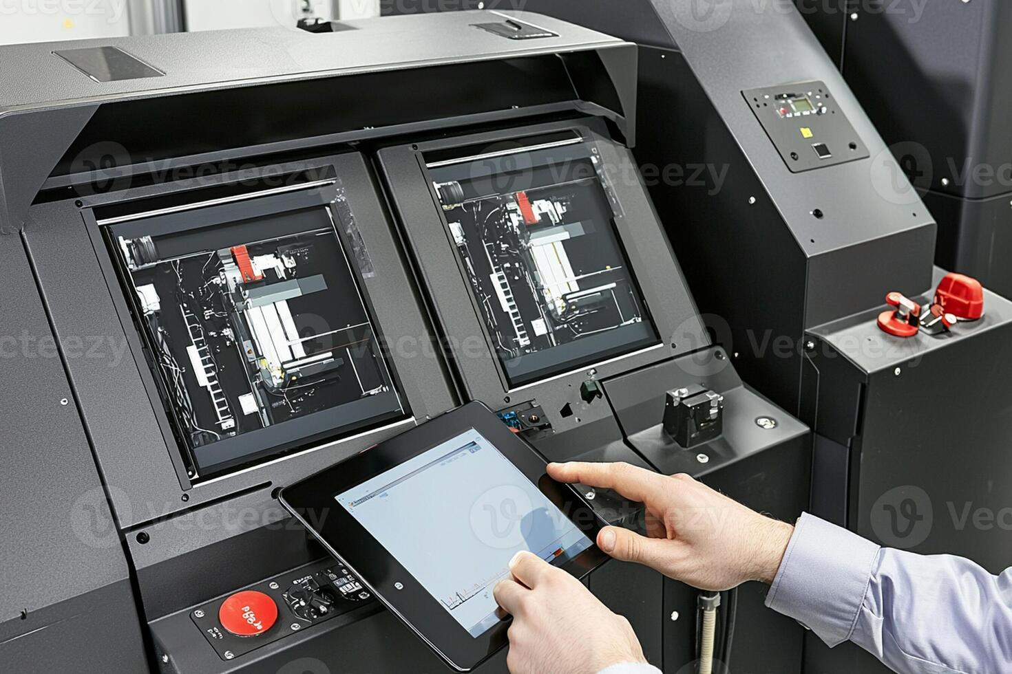 A person using an ipad in front of a machine photo