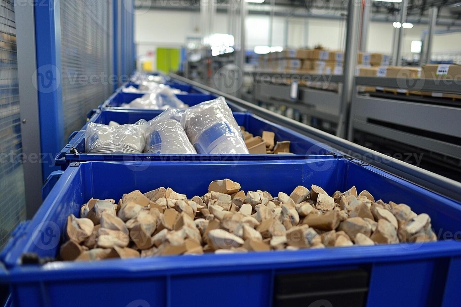 A blue bin filled with food items on a conveyor belt photo