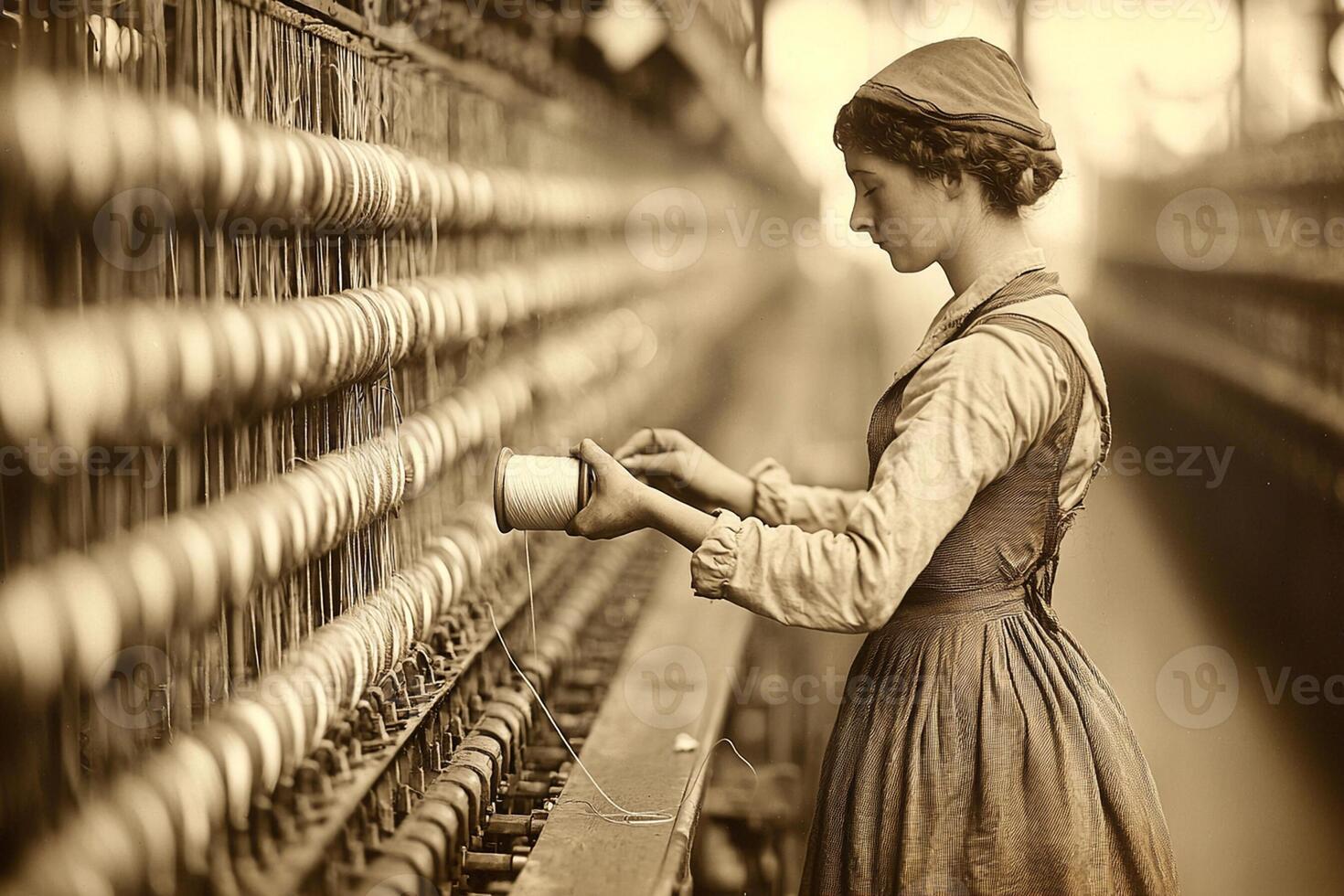 A woman in an old fashioned dress is working on a spinning machine photo