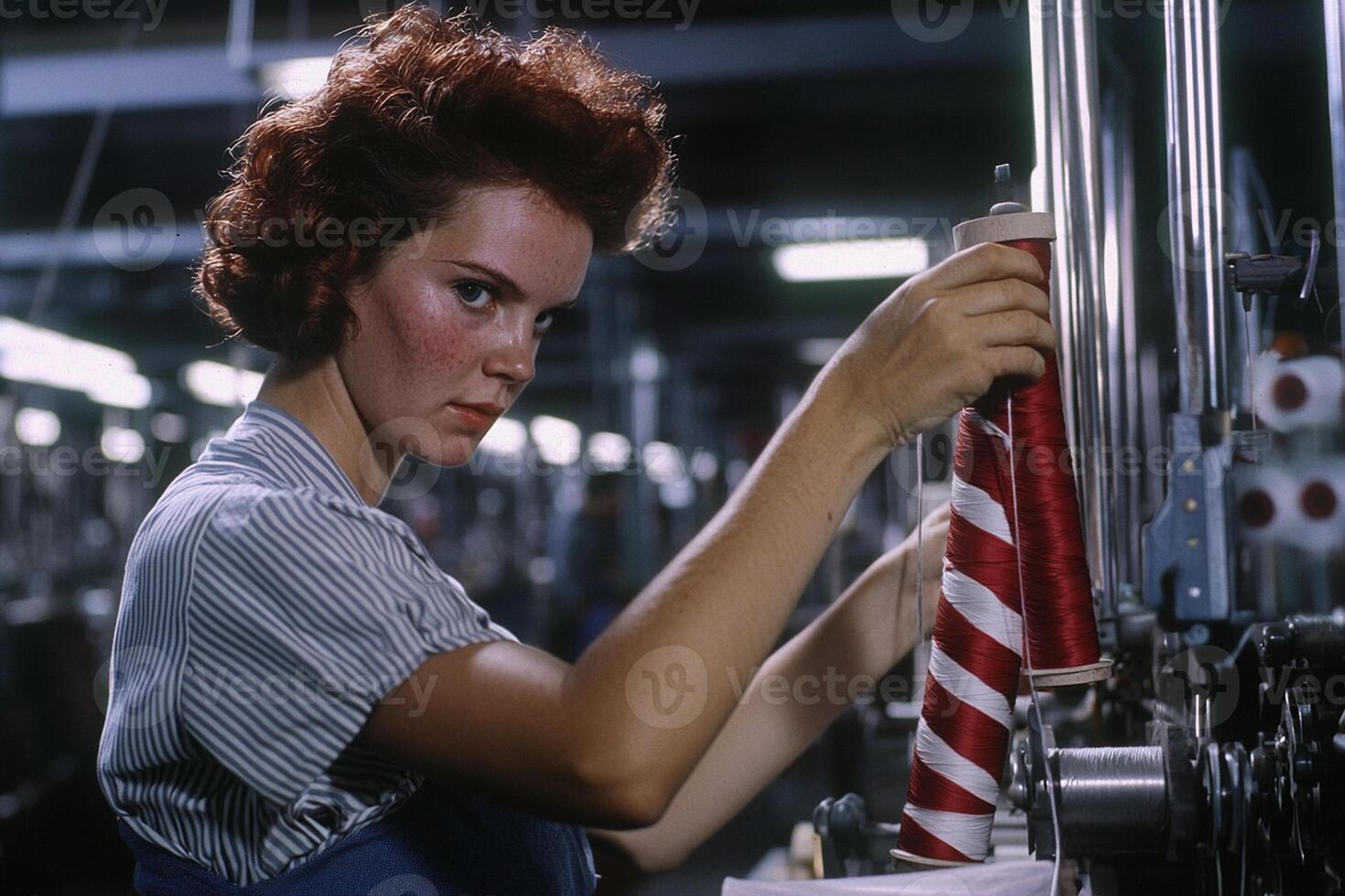 A woman in an industrial factory with red and white striped fabric photo