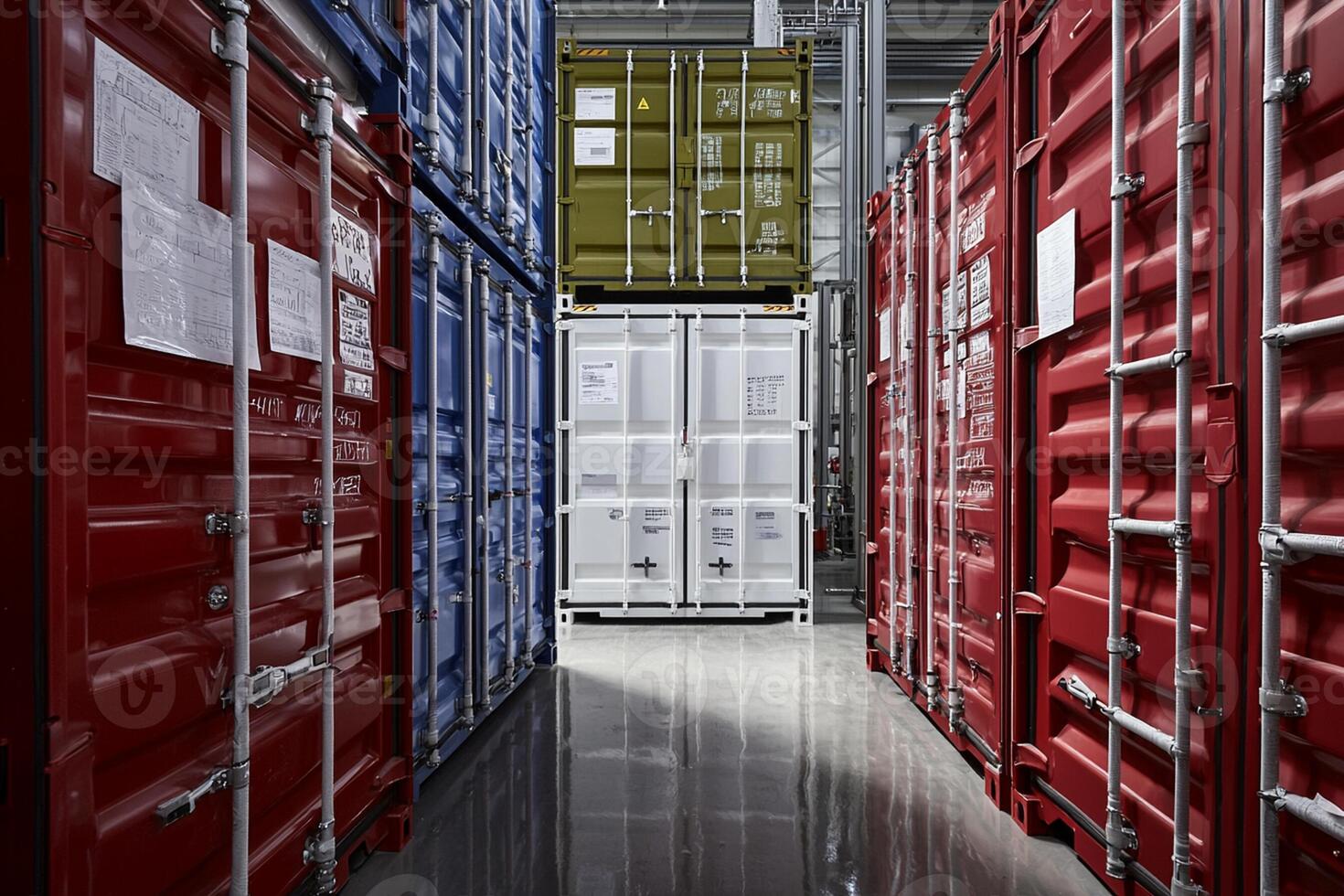 A long hallway with several large containers photo