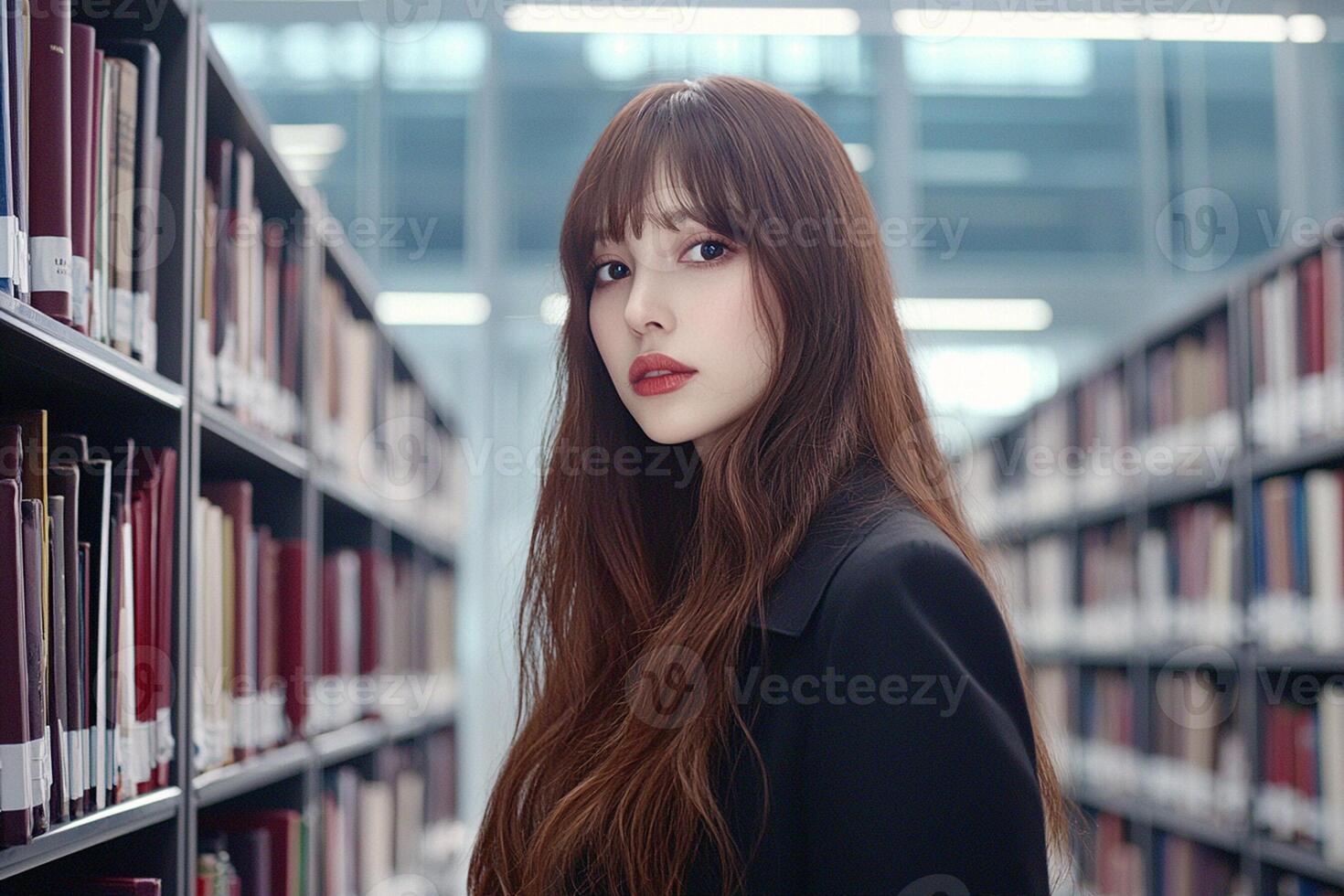 A woman with long hair standing in front of bookshelves photo