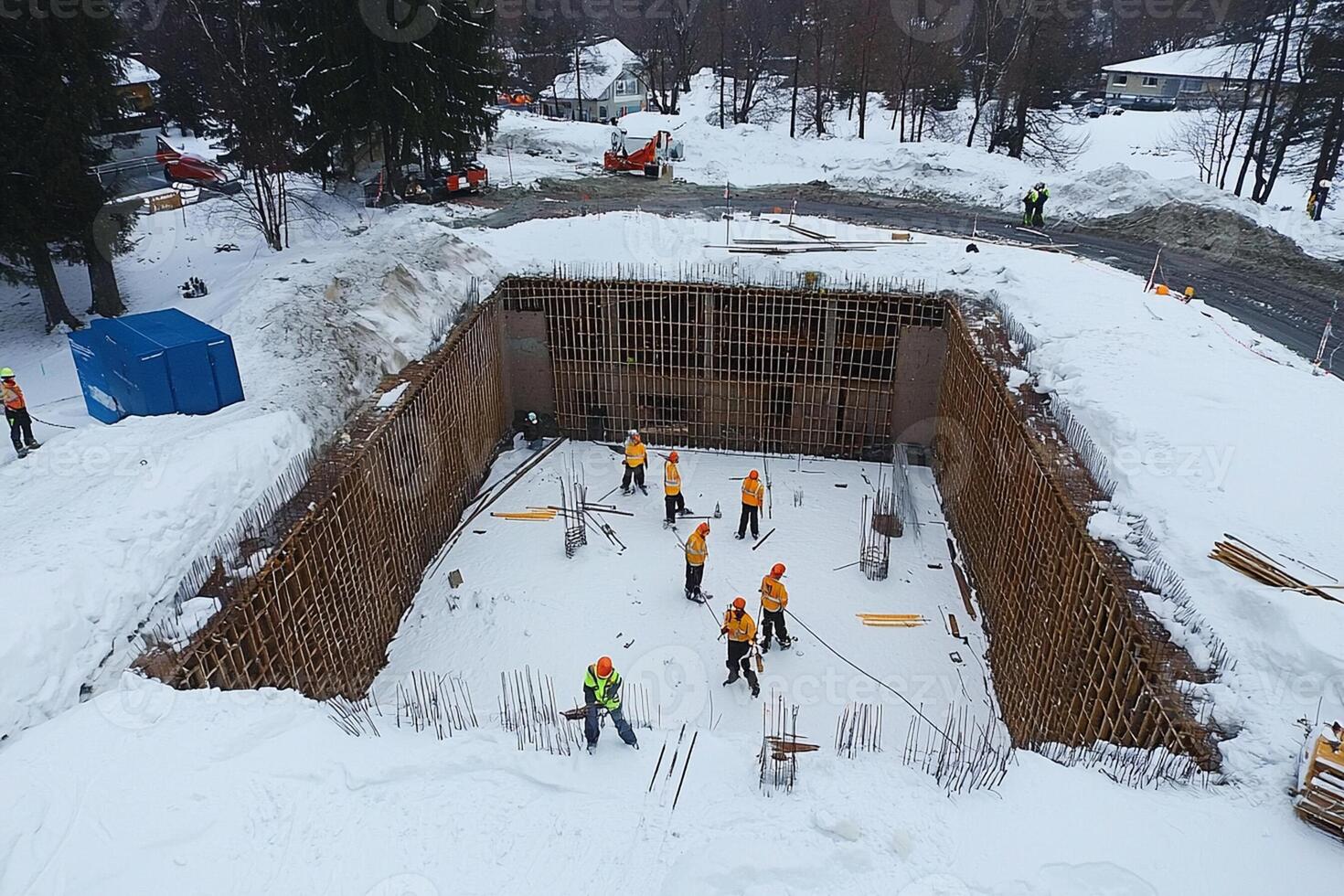 A group of workers are working on a large hole in the snow photo
