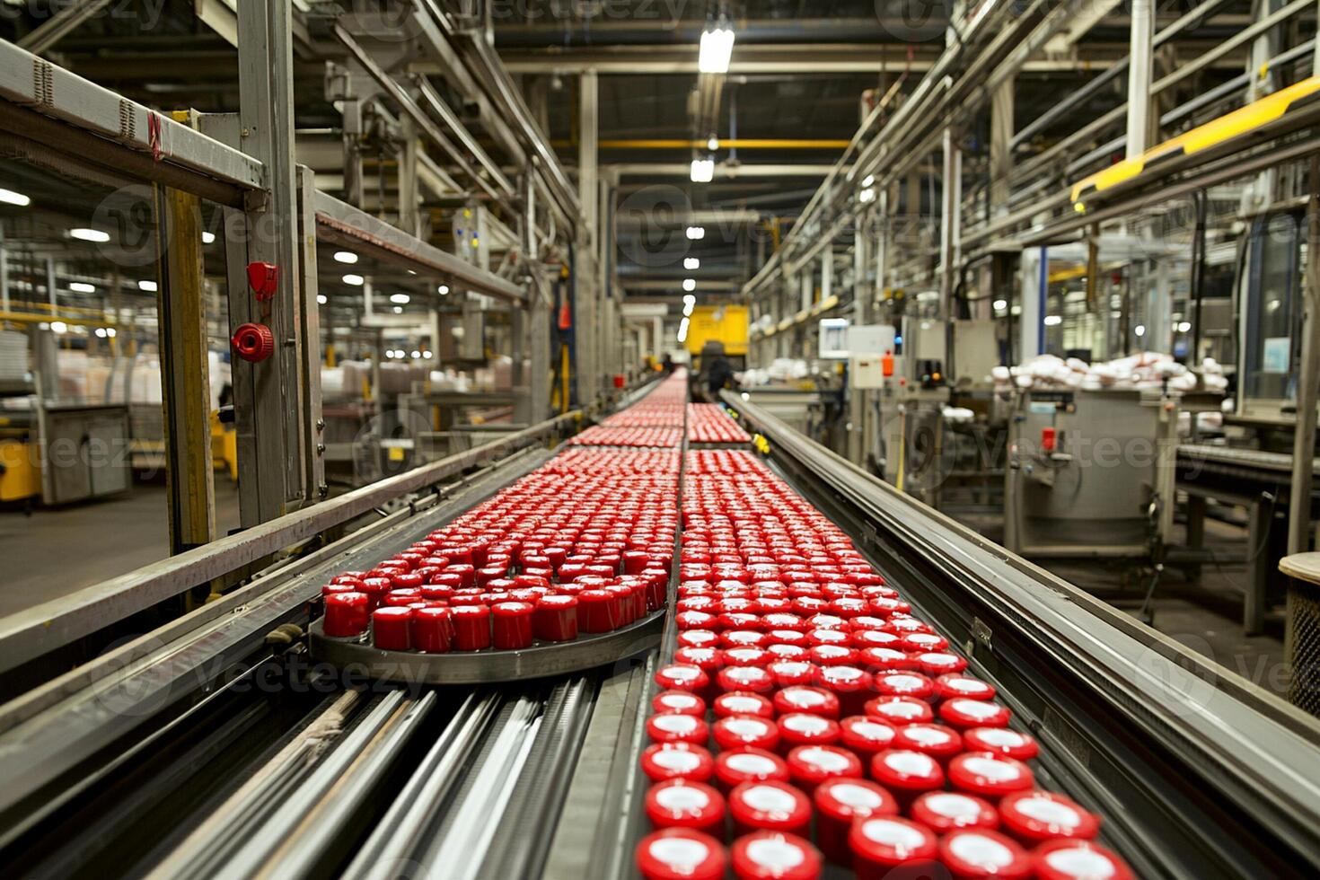 A conveyor belt with red cans on it photo
