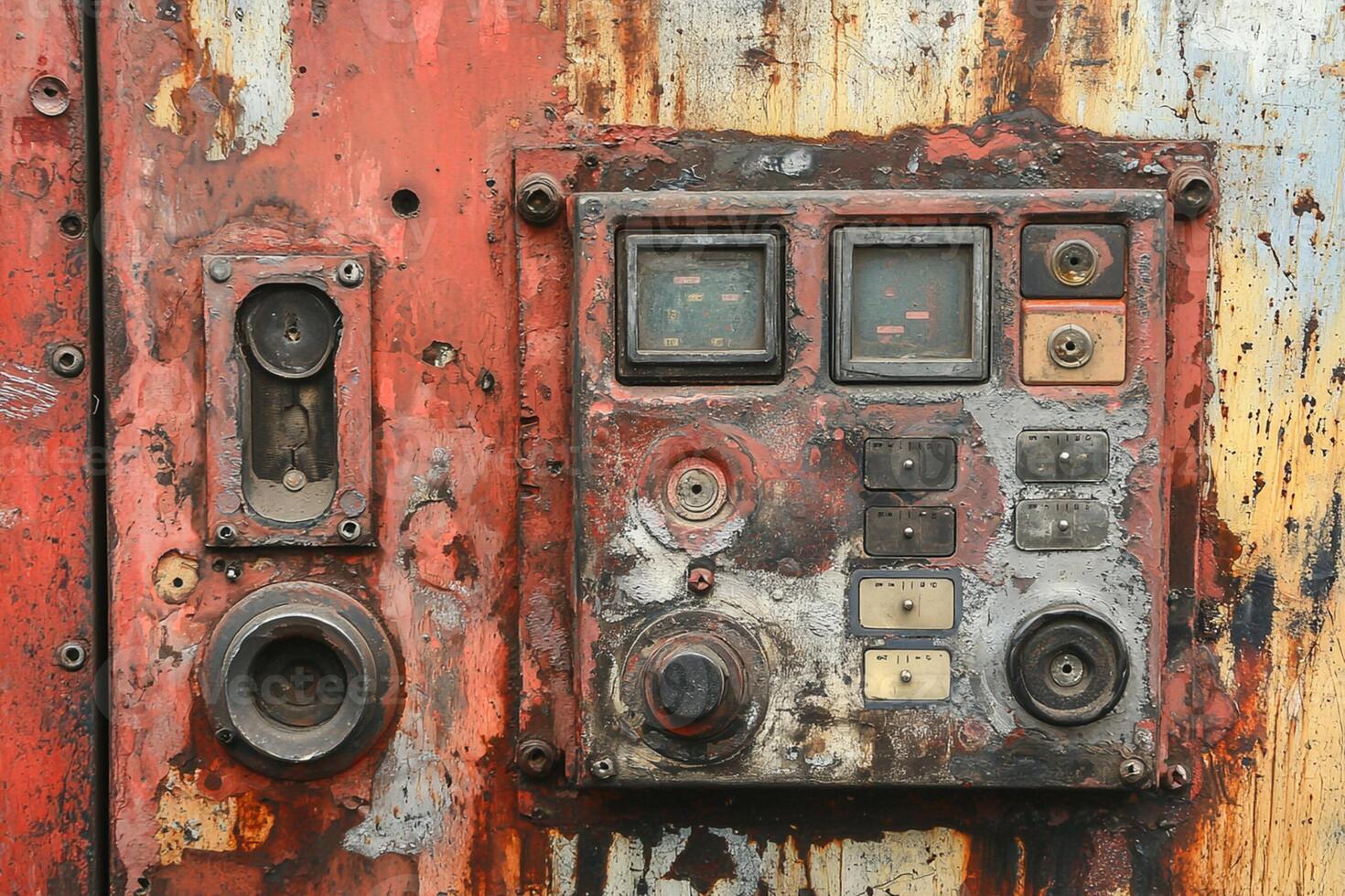 A rusty old control panel on a wall photo