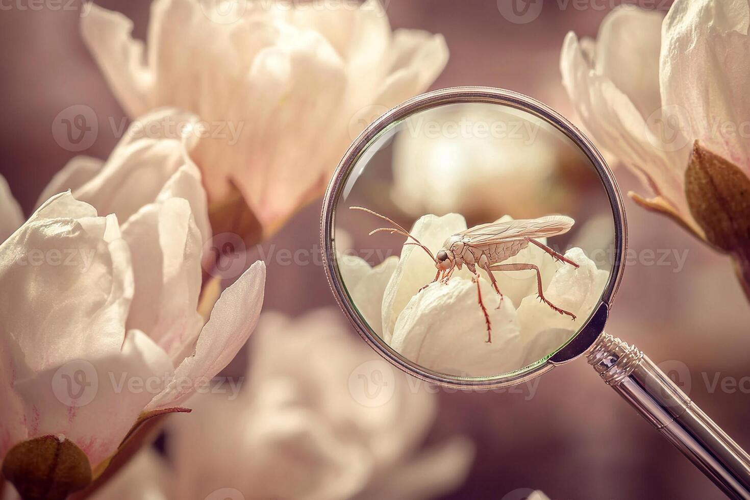 A magnifying glass is looking at a bug in a flower photo