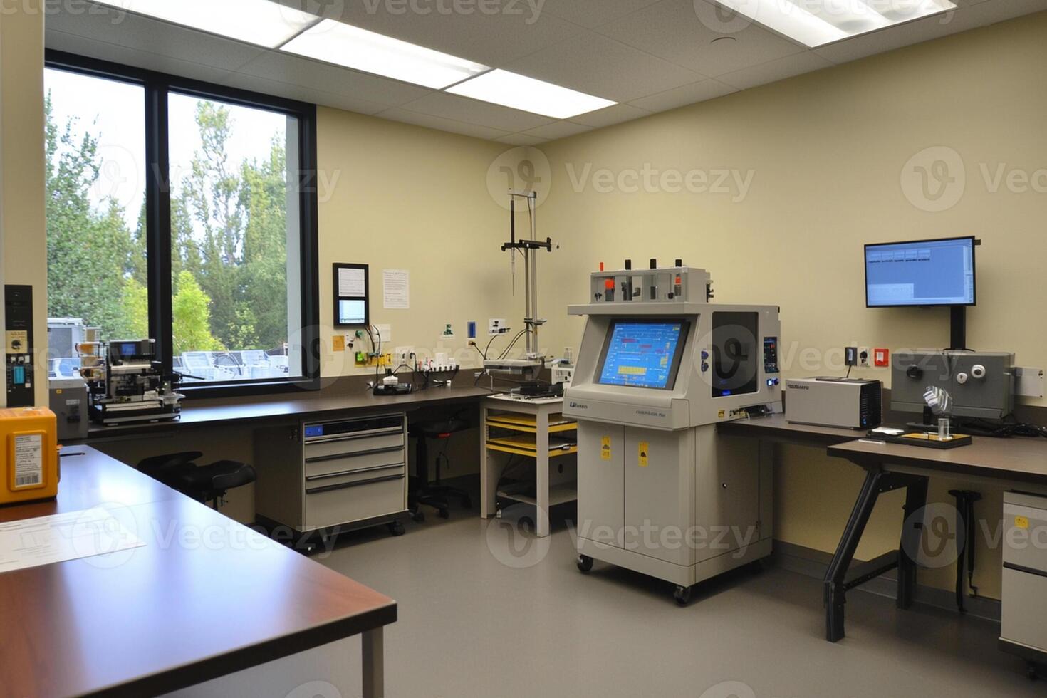 A lab room with a computer and a table photo