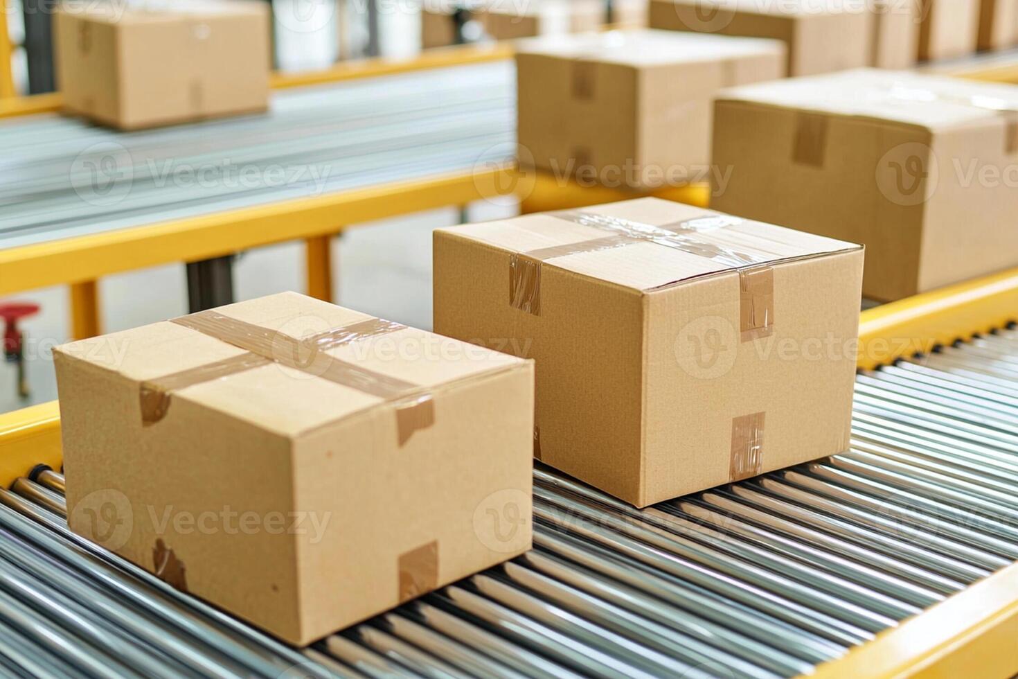 Boxes on conveyor belt in warehouse photo