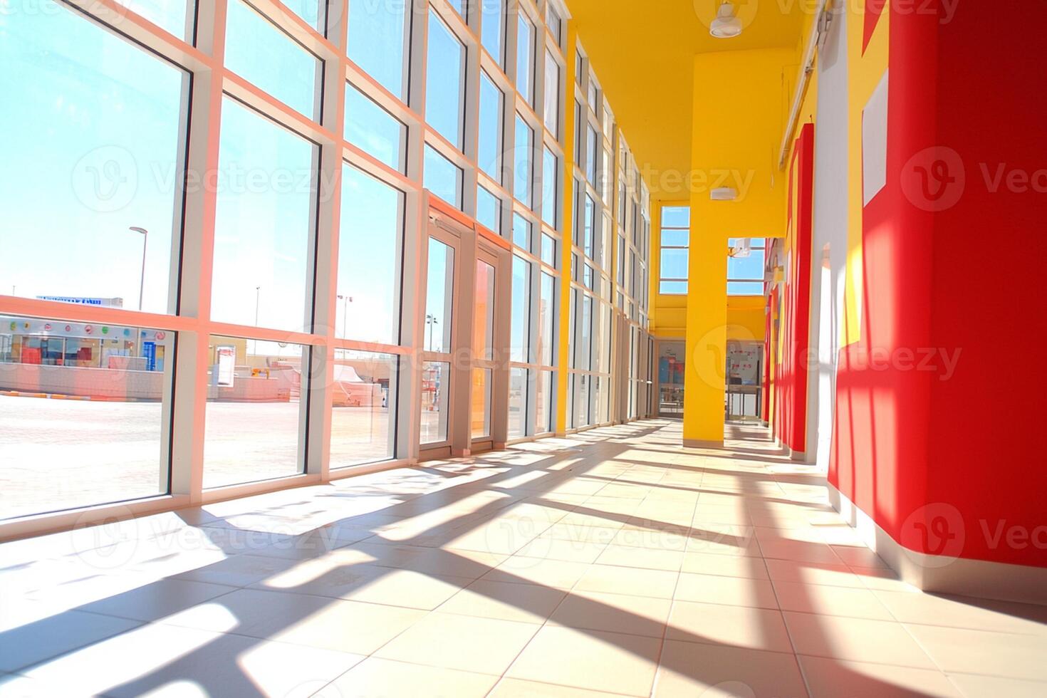 A long hallway with bright yellow walls and red doors photo