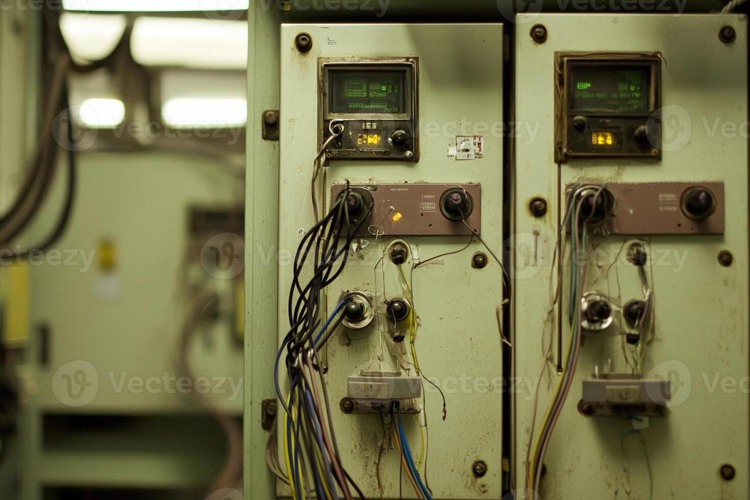 A close up of a control panel with wires and switches photo